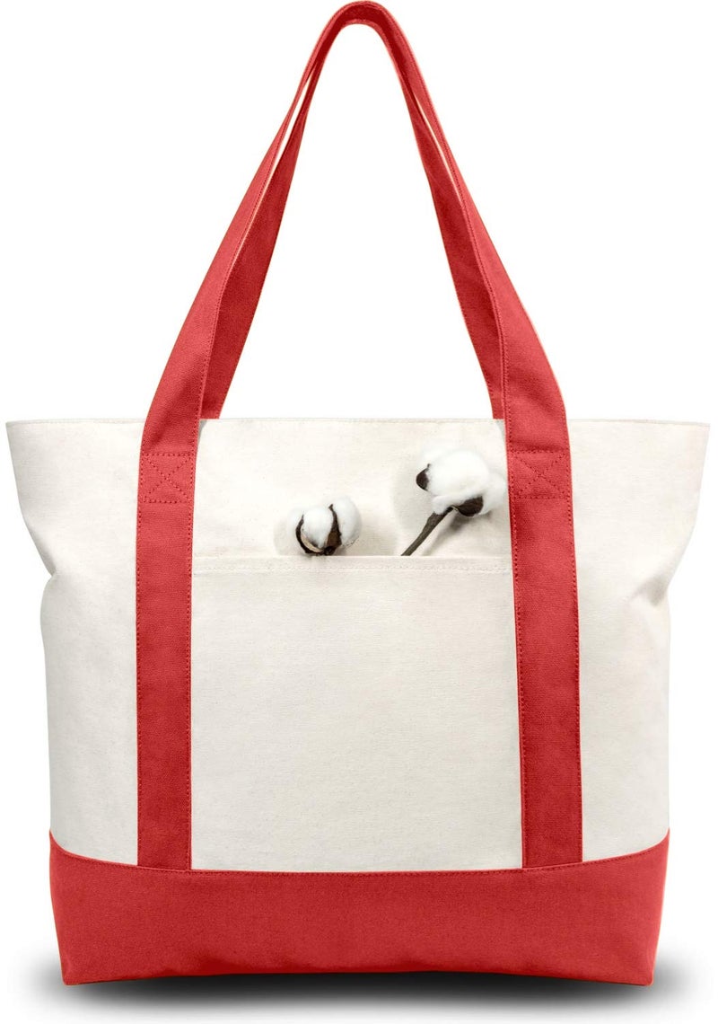 TOPDesign 1-Pack Canvas Tote Bag with an External Pocket, Reusable Grocery Shopping Bag, Top Zipper Closure, Daily Essentials (Red/Natural) - Image 1